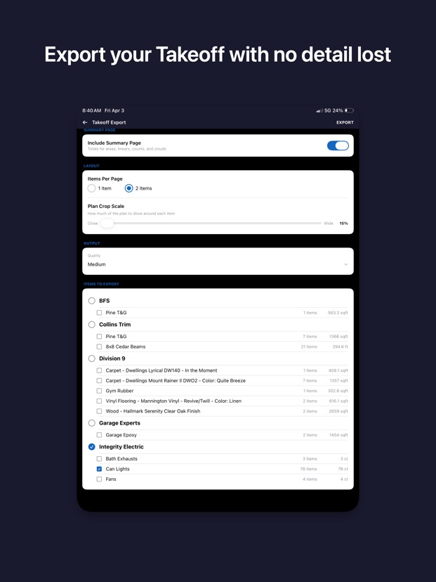 iPad takeoff export config