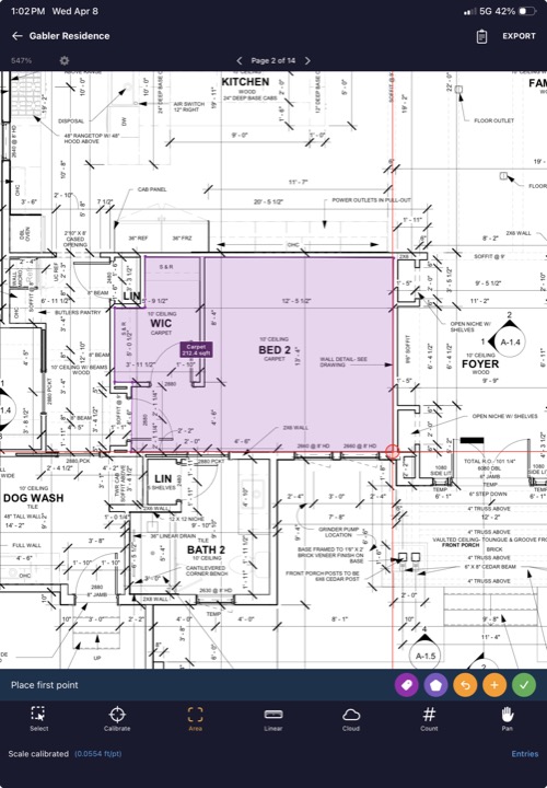 Plan view showing a completed area polygon with vertices and the calculated square footage label