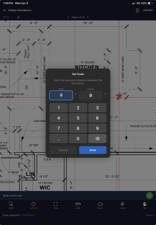 Calibration dialog with feet and inches input fields and Set Scale button