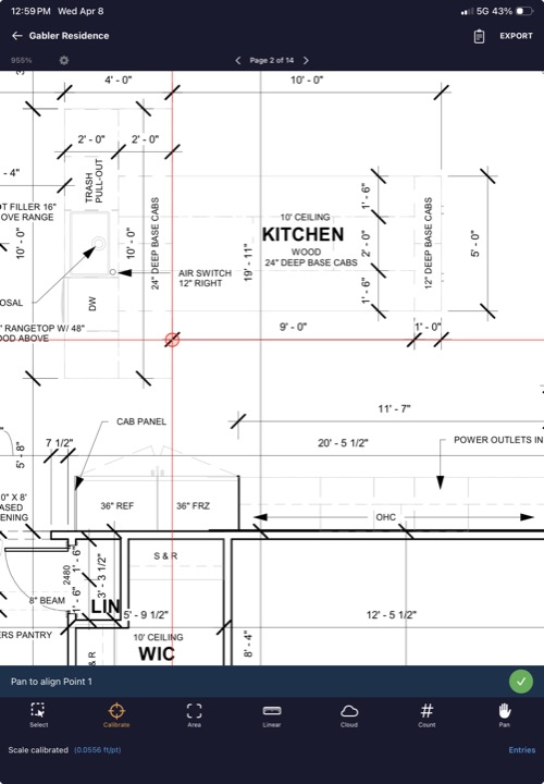 Plan view showing two calibration pins placed on a known dimension line