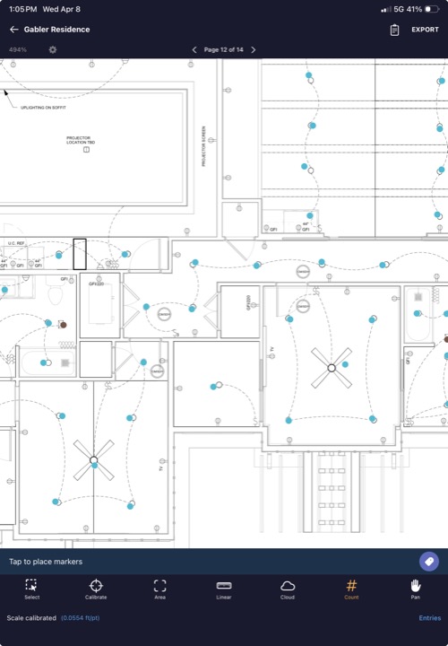 Plan view showing count markers on individual items with total count