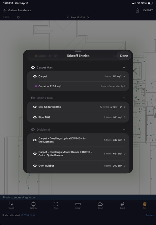 Entries panel showing measurements grouped by trade and label with area/length/count subtotals