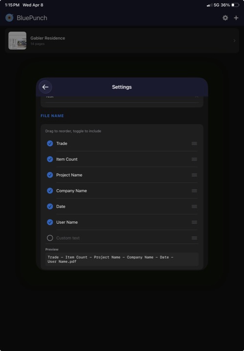 File name configuration showing draggable/toggleable fields and a filename preview