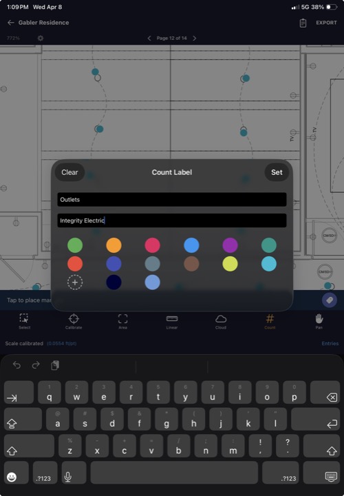 Label/trade editing sheet showing label name, trade name, and color picker grid