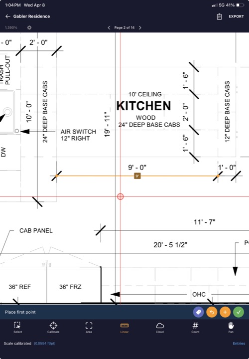 Plan view showing a linear measurement path with total length displayed