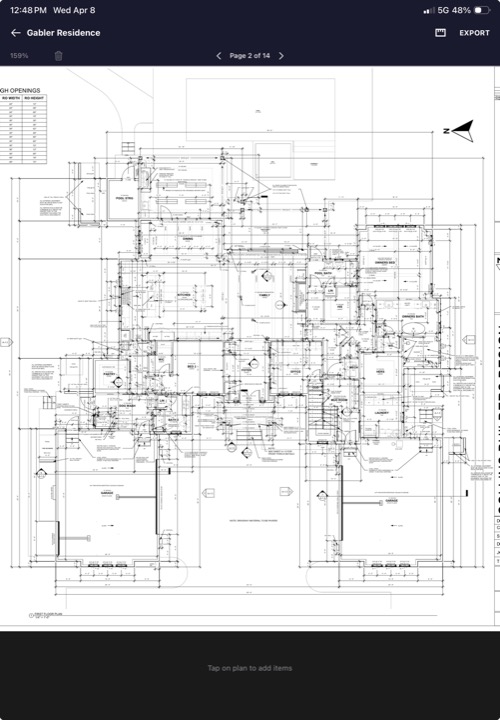 Full plan viewer screen showing PDF plan with toolbar at top, page navigation, and points list at bottom