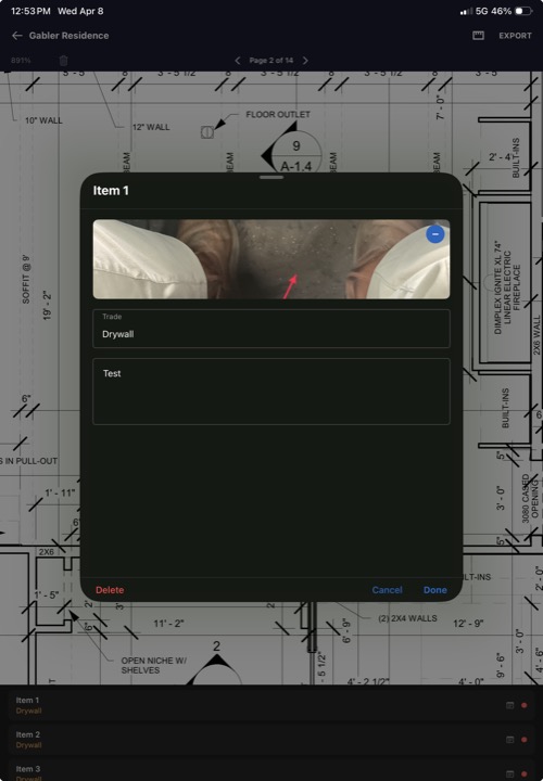 Point detail sheet showing item number, photo area, trade field, and notes field