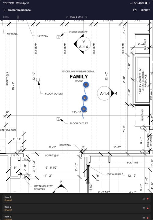 Bottom panel showing the scrollable punch list with item numbers, trades, and note previews