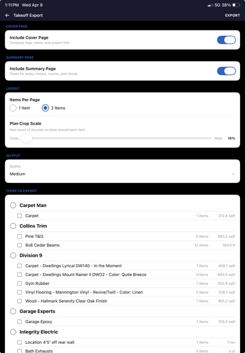 Punch list export settings screen showing cover page, layout, output, and trade filter options