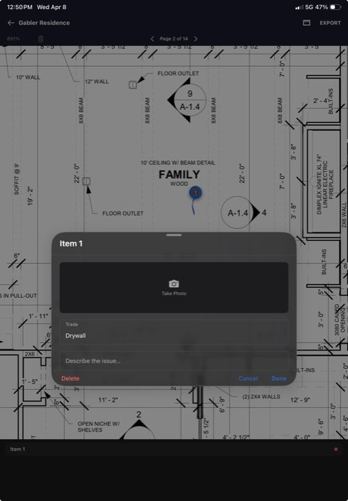 Plan view with several numbered punch markers placed on the drawing