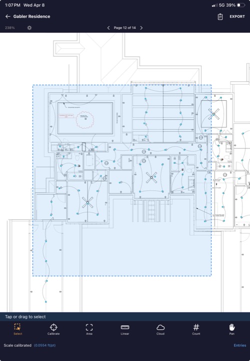 Plan view showing a selected takeoff area with edit/delete buttons visible in the action bar