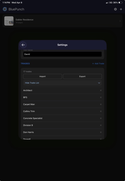 Trades section showing the expandable trade list with import/export buttons