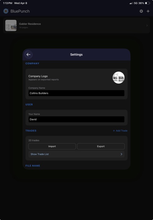 Settings screen showing Company, User, Trades, and File Name sections
