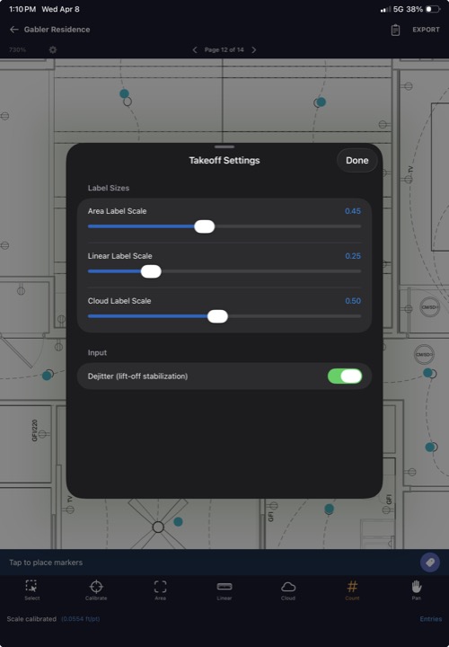 Takeoff settings sheet showing label scale sliders and dejitter toggle