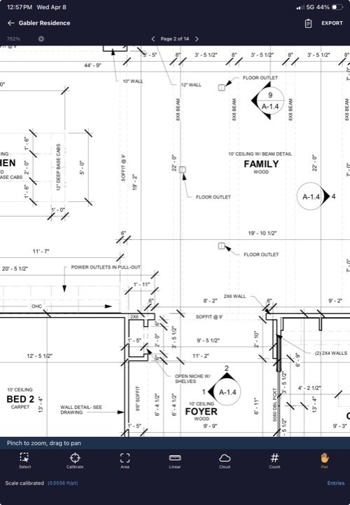 Takeoff mode toolbar showing all 7 tools: Select, Calibrate, Area, Linear, Cloud, Count, Pan